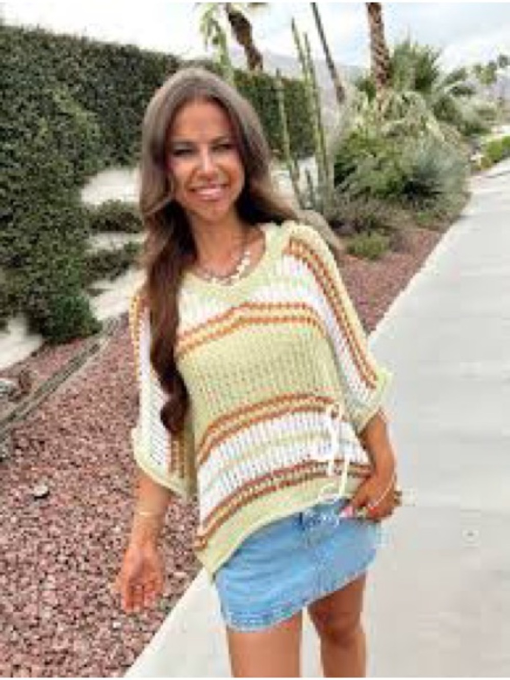 POL lime sage Light Green Striped Knit Sweater - Casual Women's Top